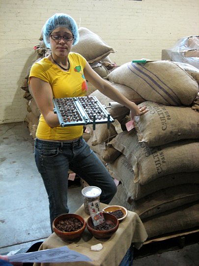 Chocolate beans quality control at Theo Chocolates, Seattle